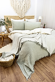 Müslin %100 Pamuk Tek Kişilik Çağla Yeşili Yatak Örtüsü 4 katlı 160x230 cm.