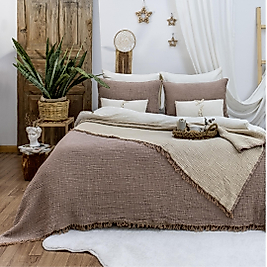 Müslin %100 Pamuk Tek Kişilik Kahverengi Renk Yatak Örtüsü 4 katlı 160x230 cm.