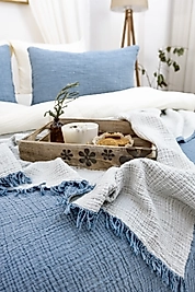 Müslin %100 Pamuk Yatak Örtüsü 4 Katlı Deniz Mavisi Renk 240x230 cm.