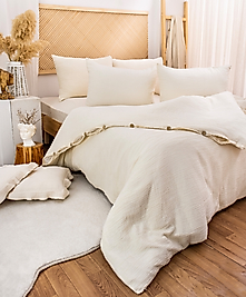 %100 Pamuk Müslin Nevresim Takımı Naturel Ekru Renk Tek Kişilik 160x220 cm.