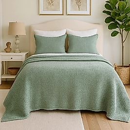 Waffle %100 Pamuk Yatak Örtüsü Zeytin Yeşili Renk Çift Kişilik 230x250 cm