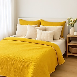 Müslin %100 Pamuk Yatak Örtüsü Hardal Renk 4 Katlı Çift Kişilik 240x230 cm.