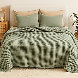 Waffle %100 Pamuk Yatak Örtüsü Zeytin Yeşili Renk Tek Kişilik 160x240 cm