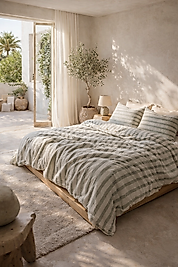 %100 Pamuk Müslin Nevresim Takımı Naturel Yeşil Çizgili Tek Kişilik 160x220 cm.