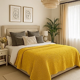 Waffle %100 Pamuk Yatak Örtüsü Hardal Renk Çift Kişilik 230x250 cm